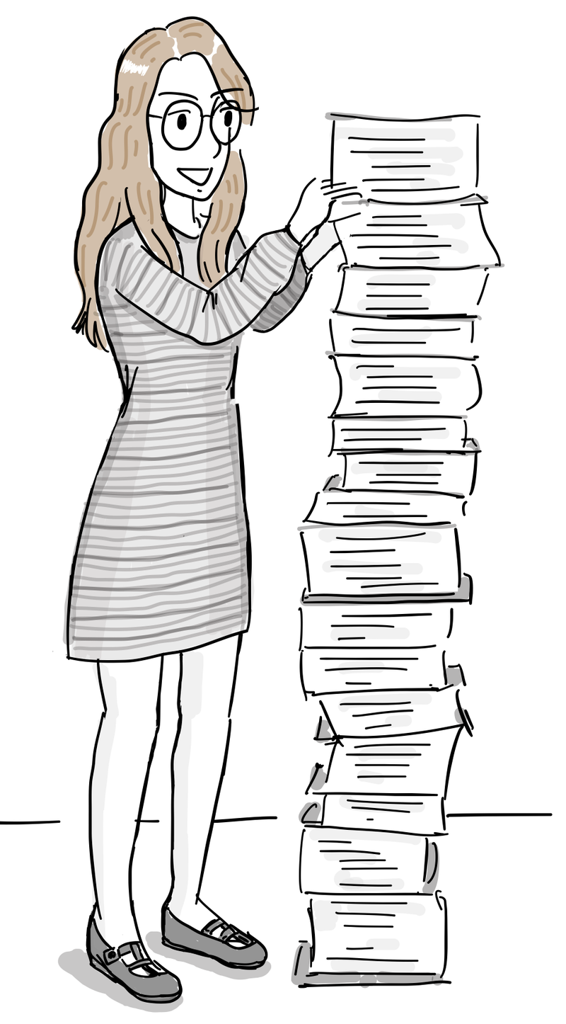Margaret Hamilton stands beside a towering stack of printed Apollo flight software developed by her team.